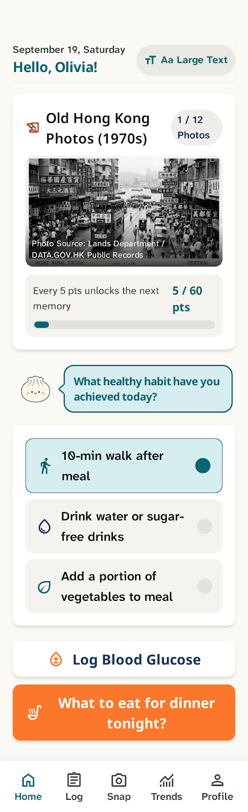 Glukky home screen with daily health habits and old Hong Kong photos