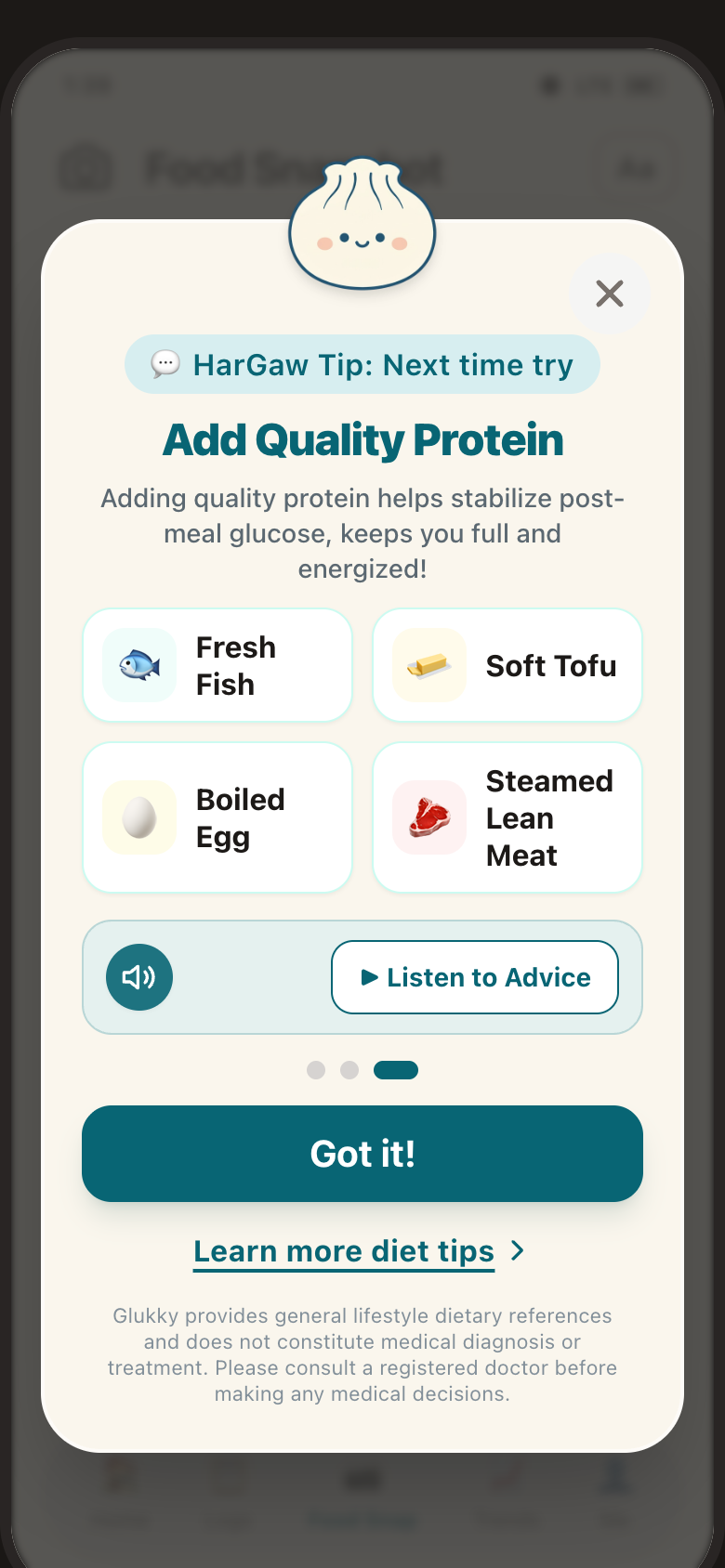 Diet advice with spoken guidance and quality-protein suggestions