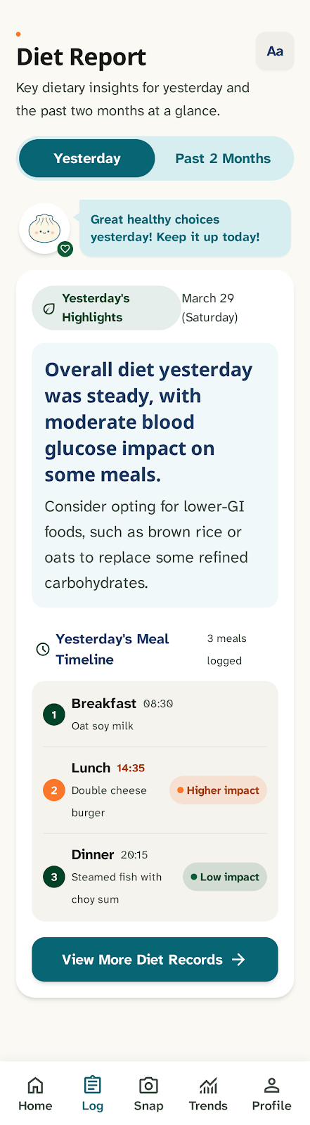 Glukky daily food report shown on an iPhone